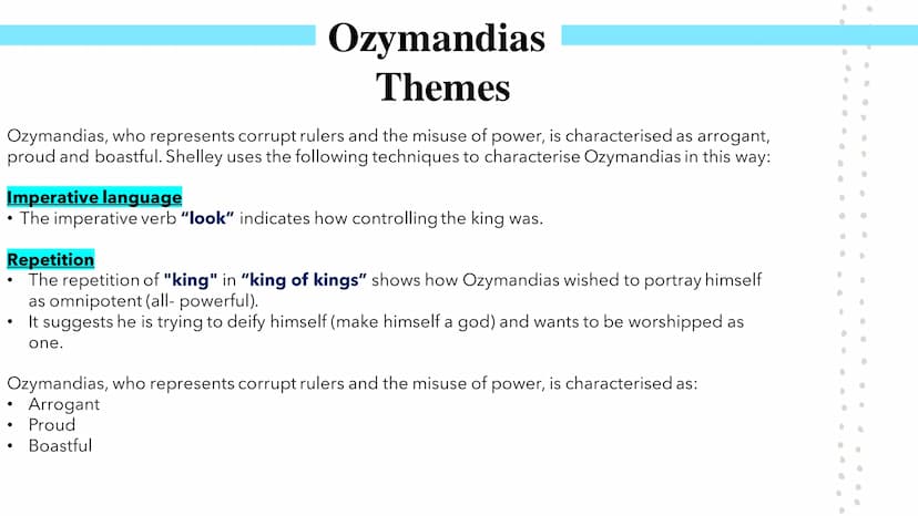 Power and Conflict
Poetry GCSEs Percy Bysshe Shelley's Ozymandias describes the narrator's meeting with a traveller from a foreign land.
She
