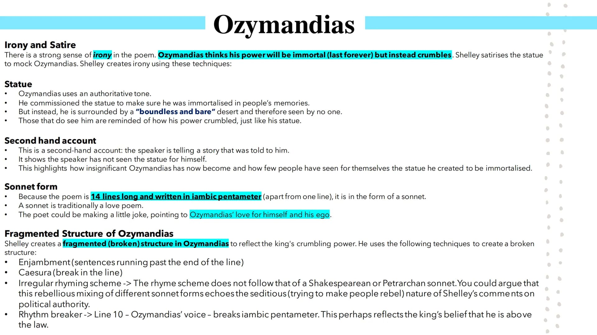 Power and Conflict
Poetry GCSEs Percy Bysshe Shelley's Ozymandias describes the narrator's meeting with a traveller from a foreign land.
She