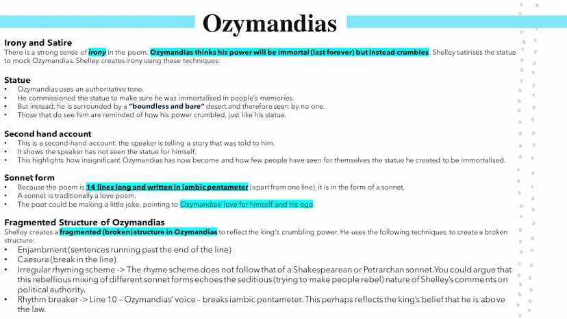 Power and Conflict
Poetry GCSEs Percy Bysshe Shelley's Ozymandias describes the narrator's meeting with a traveller from a foreign land.
She