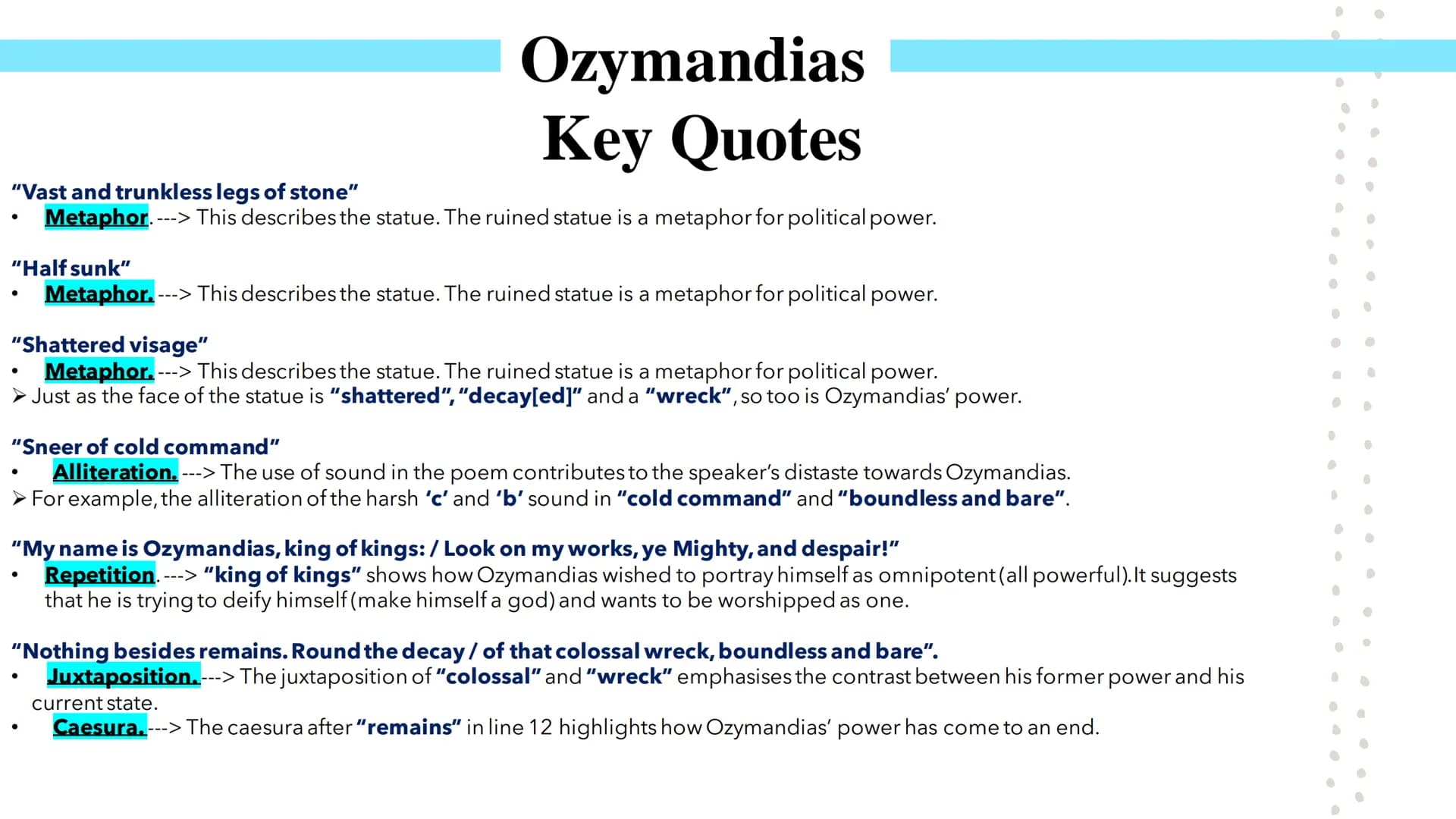 Power and Conflict
Poetry GCSEs Percy Bysshe Shelley's Ozymandias describes the narrator's meeting with a traveller from a foreign land.
She