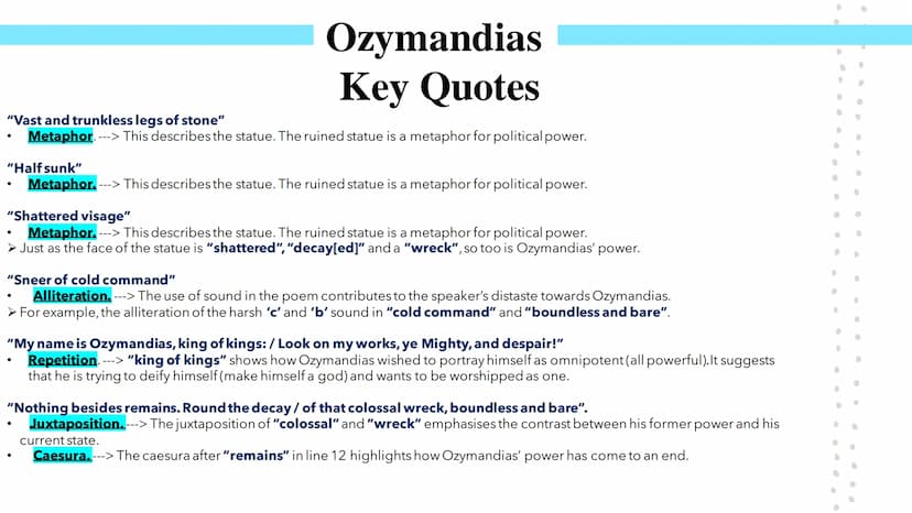 Power and Conflict
Poetry GCSEs Percy Bysshe Shelley's Ozymandias describes the narrator's meeting with a traveller from a foreign land.
She