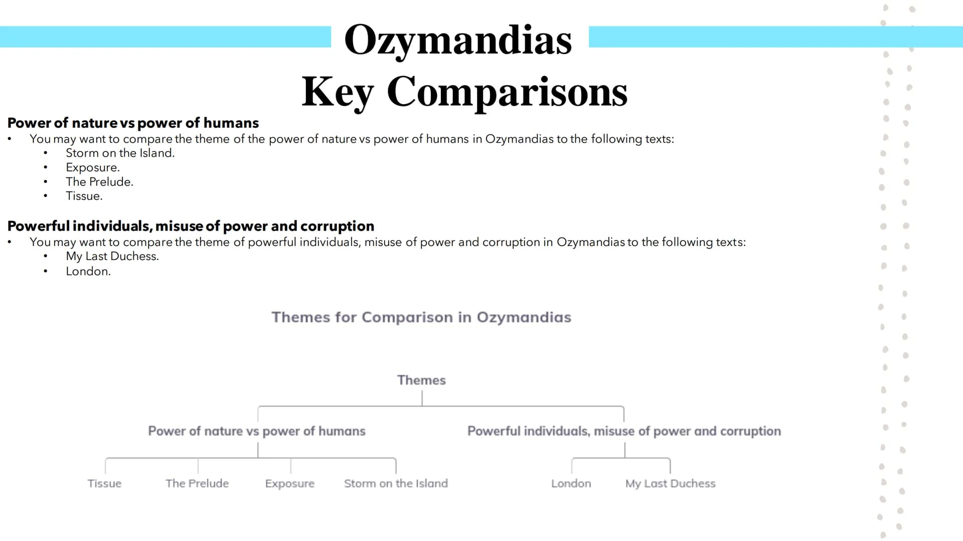 Power and Conflict
Poetry GCSEs Percy Bysshe Shelley's Ozymandias describes the narrator's meeting with a traveller from a foreign land.
She
