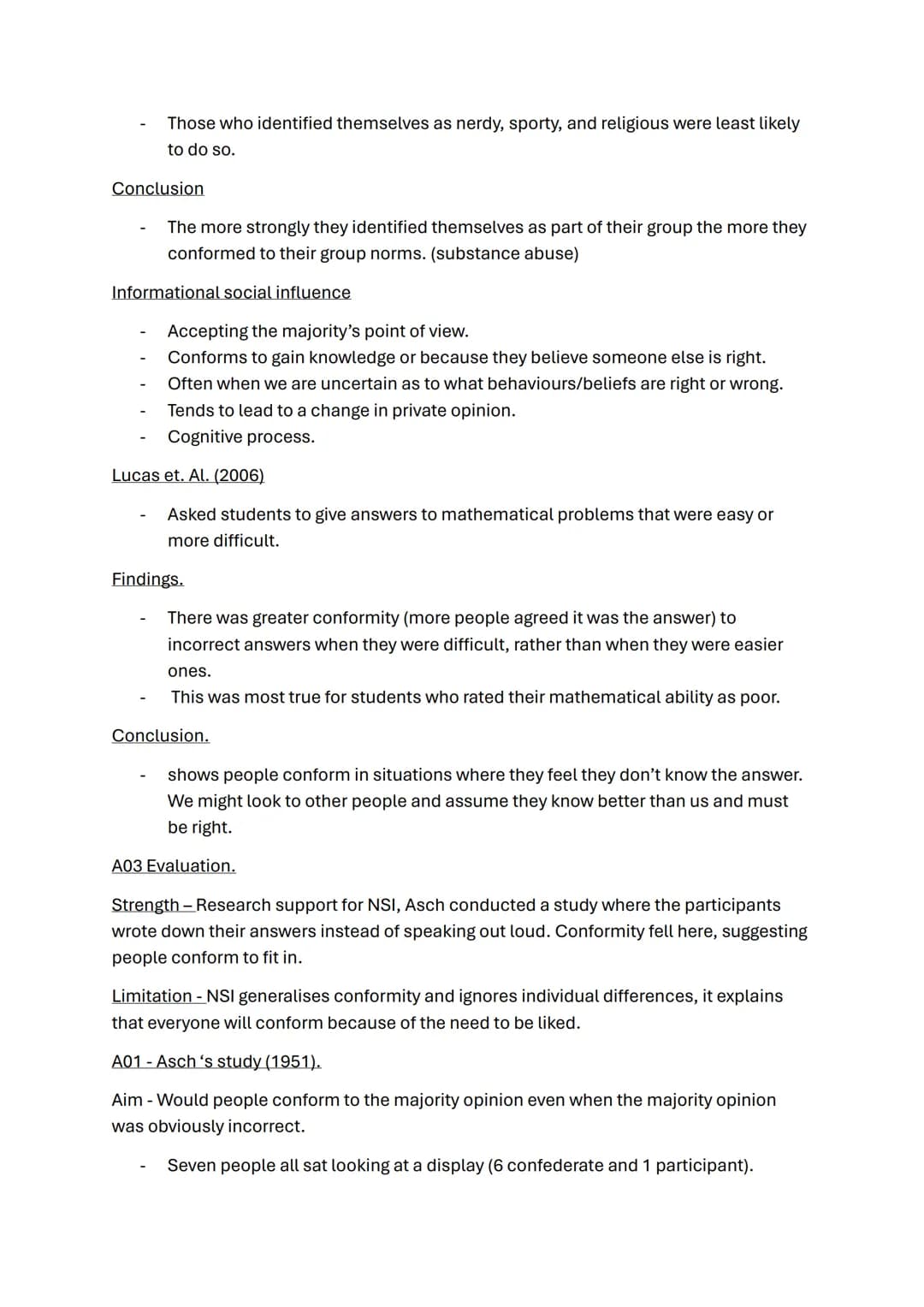 Social influence topic notes
A01 Conformity
What is conformity? -a change in a person's behaviour or opinions because of real or
imagined so