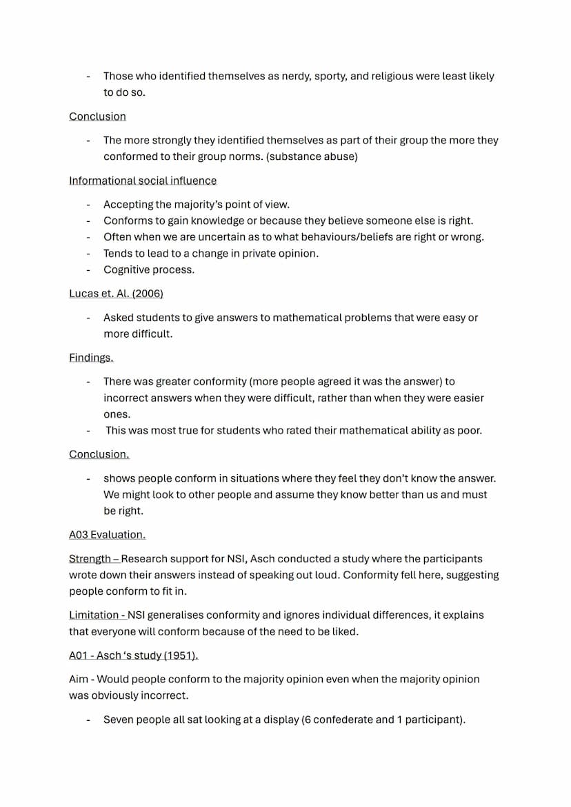 Social influence topic notes
A01 Conformity
What is conformity? -a change in a person's behaviour or opinions because of real or
imagined so