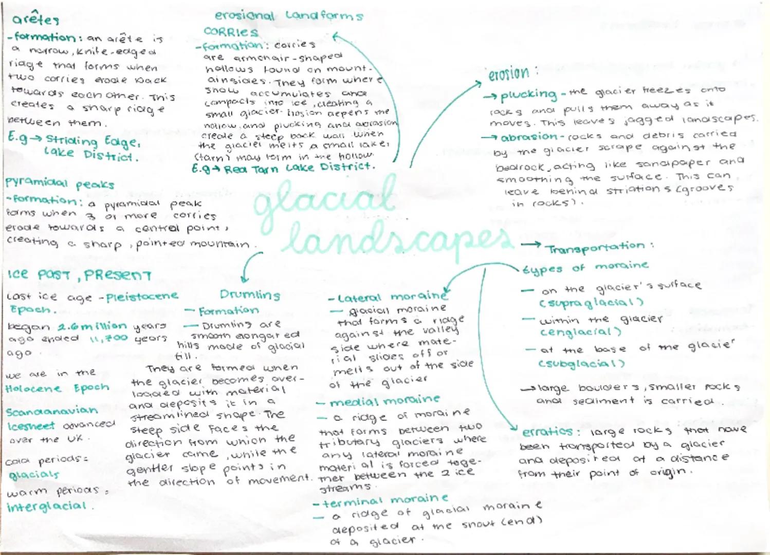 arêtes
-formation: an arête is
 a narrow, knife-edged
ridge that forms when
two corries erode back
towards each other. This
creates a sharp 