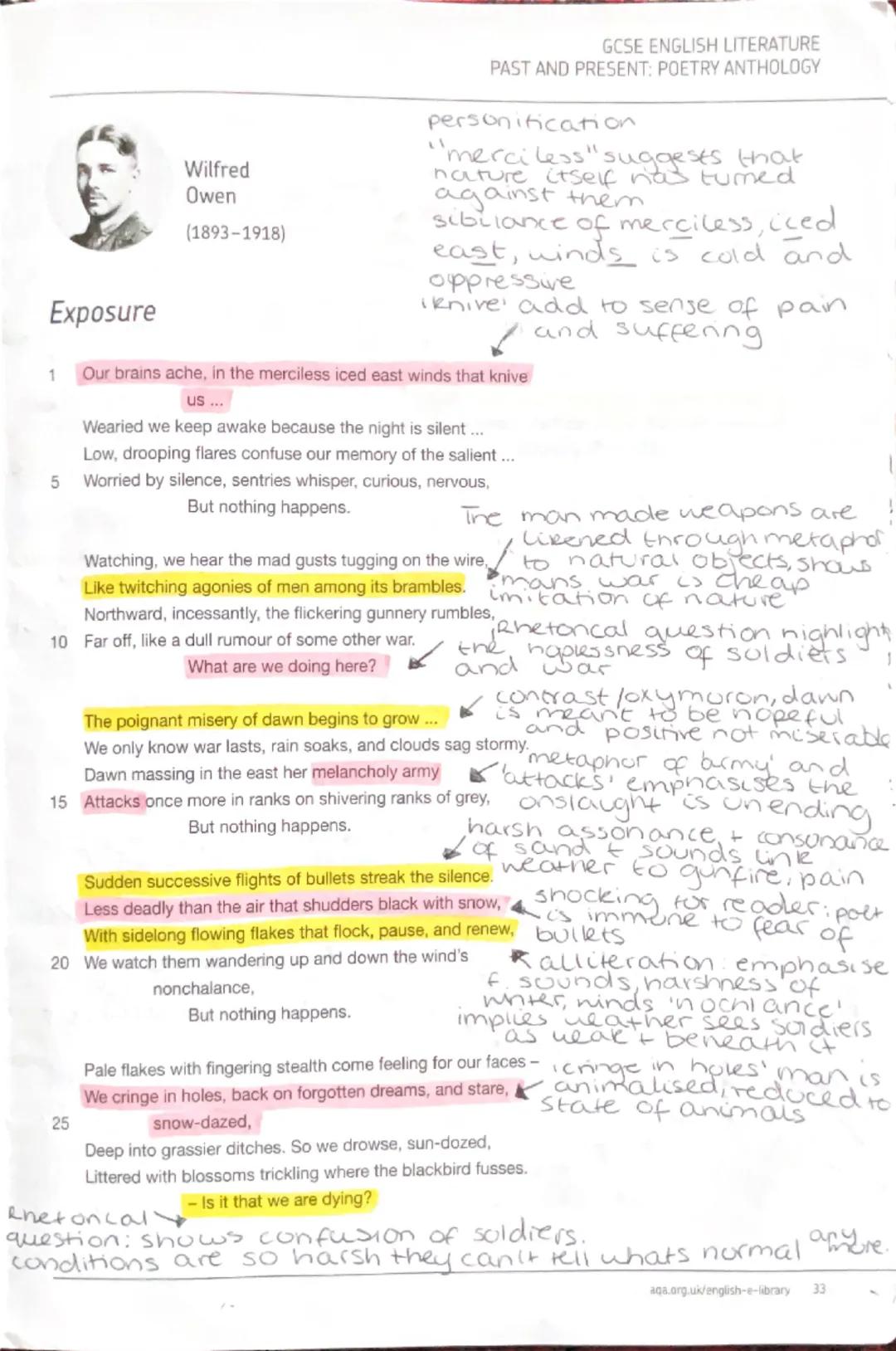 Exposure

Wilfred
Owen
(1893-1918)

1
Our brains ache, in the merciless iced east winds that knive
us...
Wearied we keep awake because the n