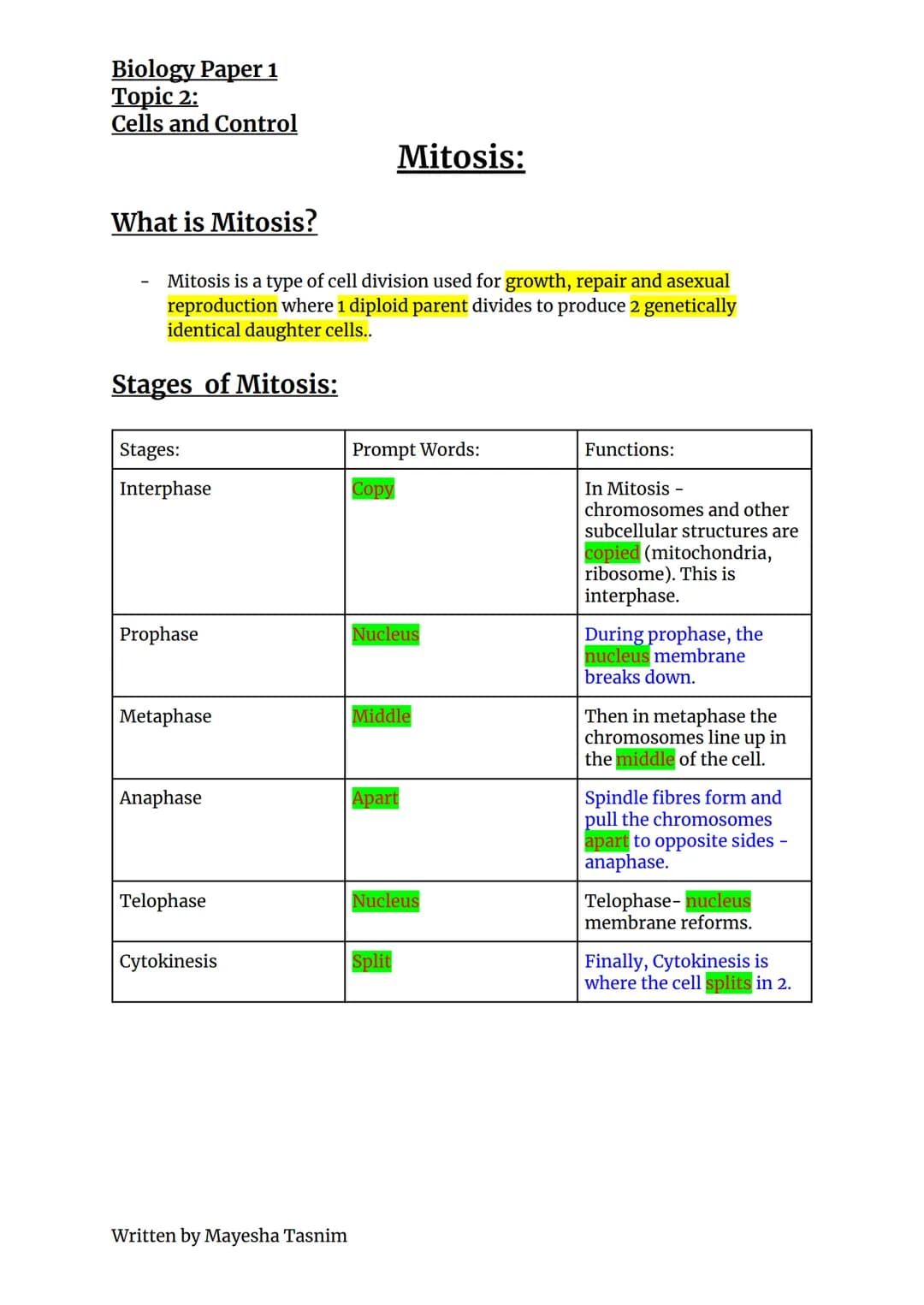Biology Paper 1
Topic 2:
Cells and Control
What is Mitosis?
Mitosis is a type of cell division used for growth, repair and asexual
reproduct