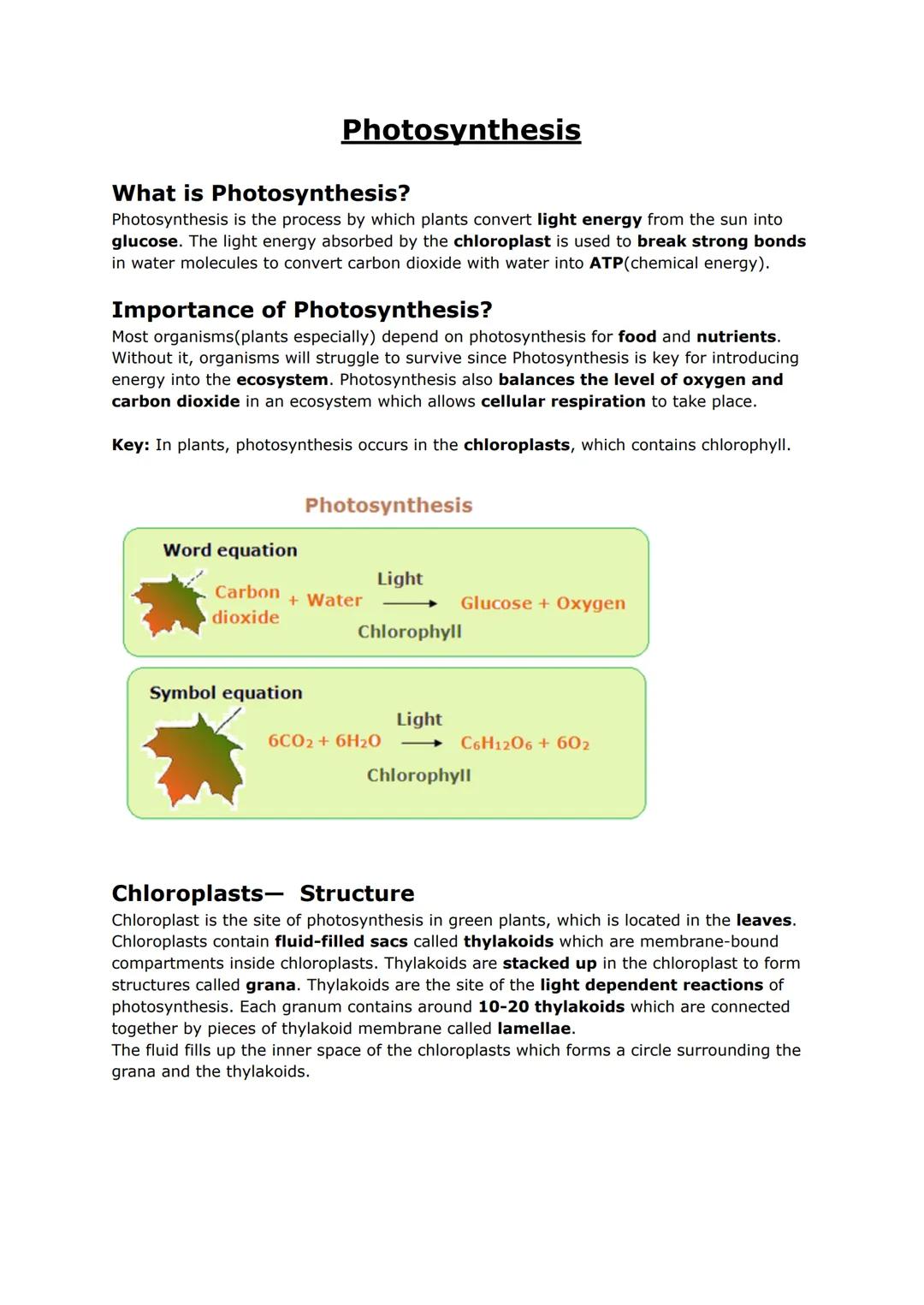 What is Photosynthesis?
Photosynthesis is the process by which plants convert light energy from the sun into
glucose. The light energy absor