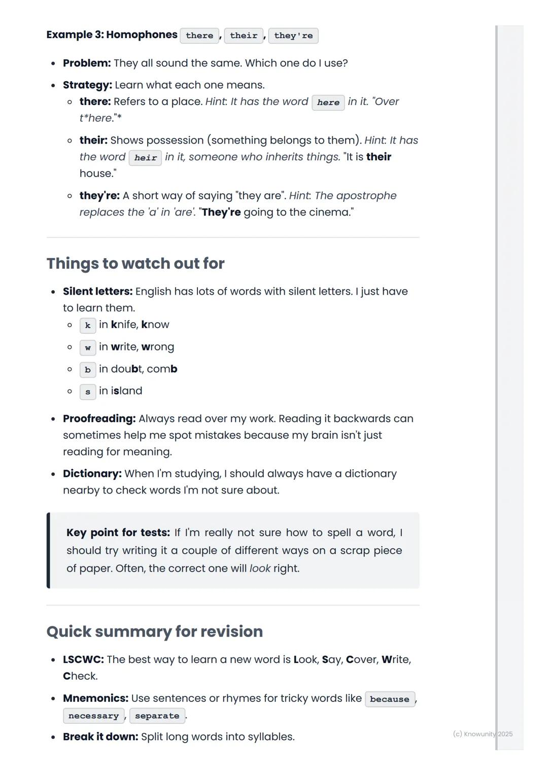 # Spelling Strategies

Introduction to spelling strategies

Good spelling is really important for all my subjects, not just English.
When my