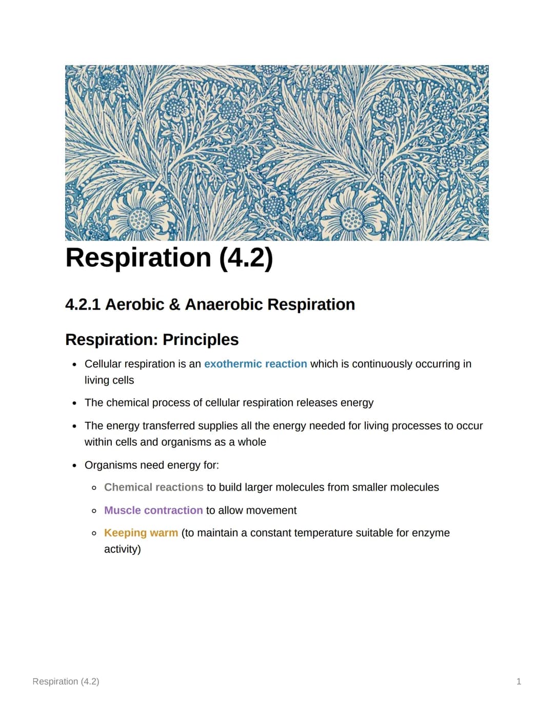 Respiration (4.2)
4.2.1 Aerobic & Anaerobic Respiration
Respiration: Principles
• Cellular respiration is an exothermic reaction which is co