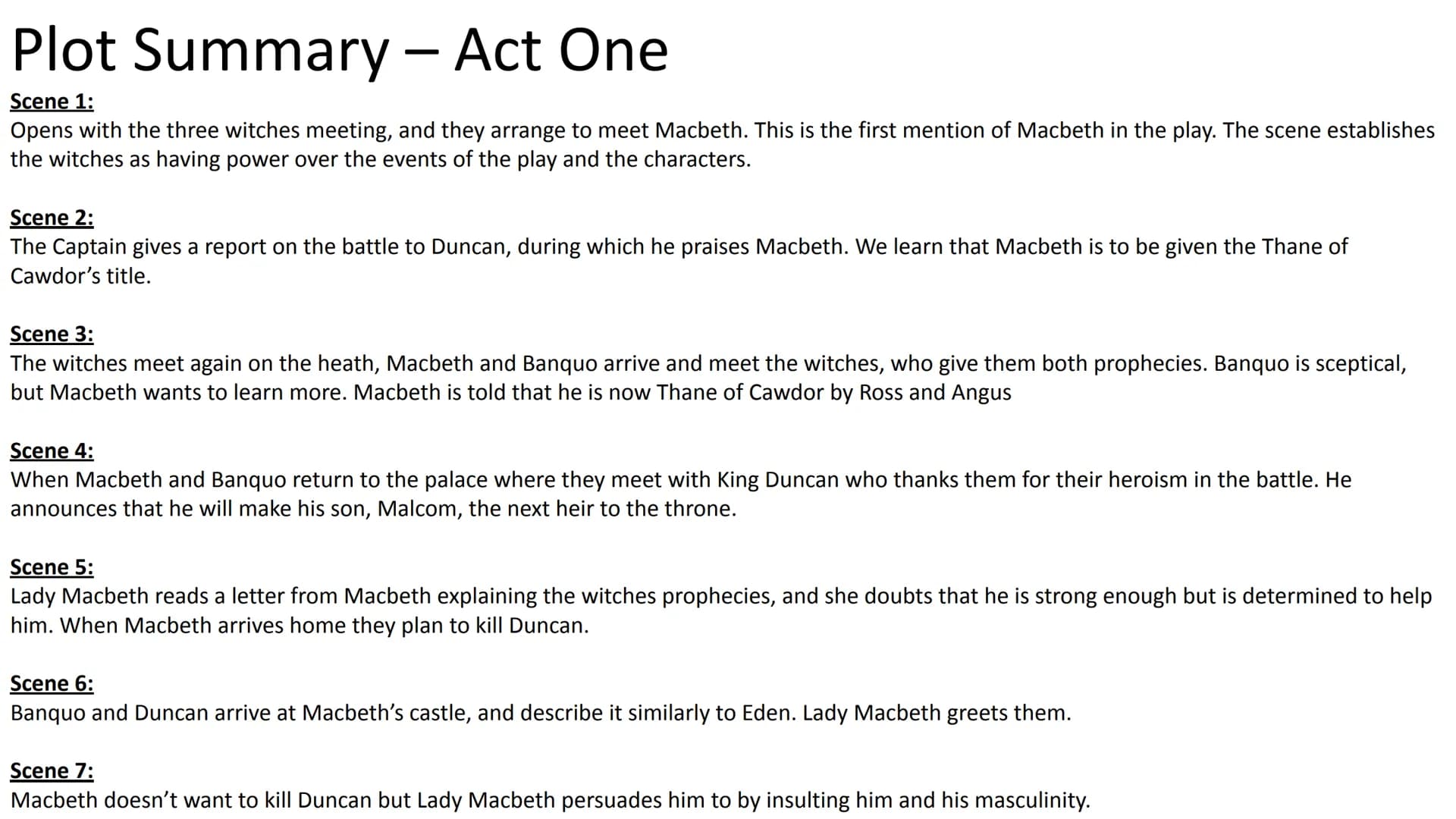 
<h3 id="scene1">Scene 1:</h3>
<p>The play opens with a meeting of three witches, who arrange to meet Macbeth. This is the first mention of 