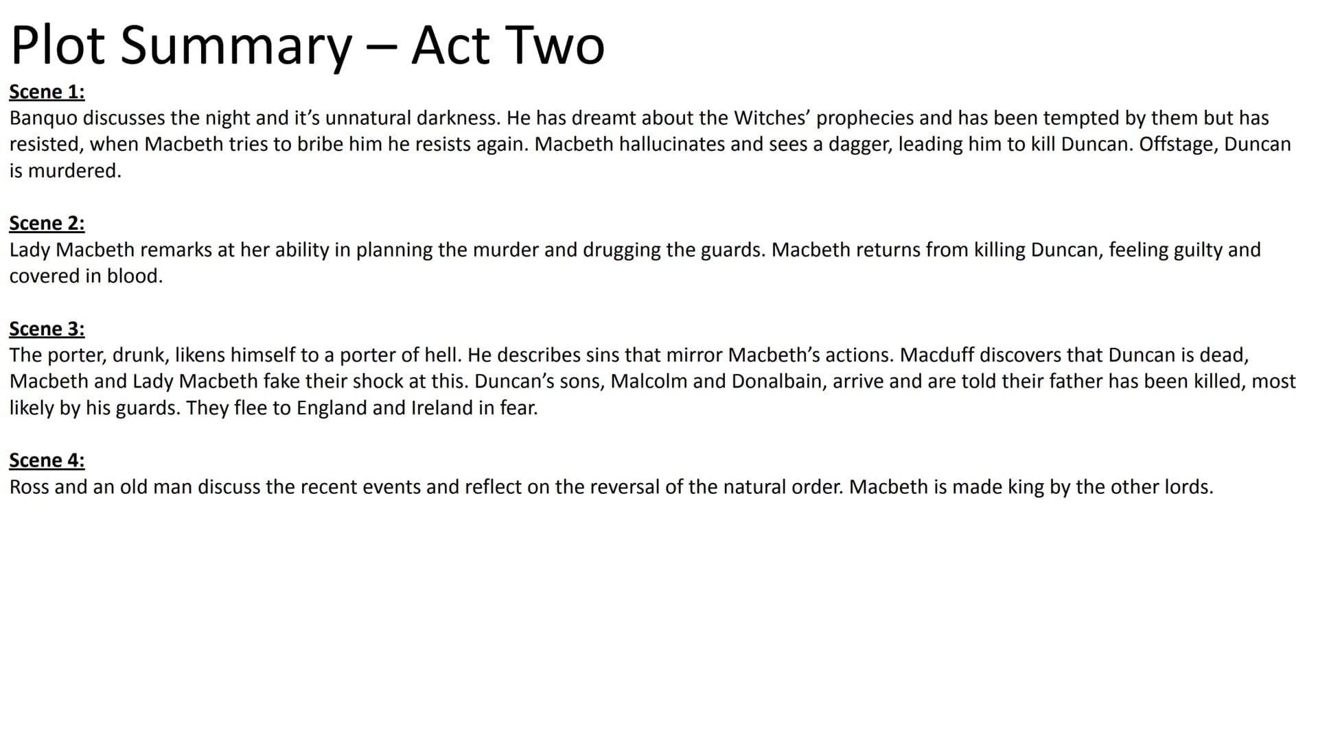 
<h3 id="scene1">Scene 1:</h3>
<p>The play opens with a meeting of three witches, who arrange to meet Macbeth. This is the first mention of 
