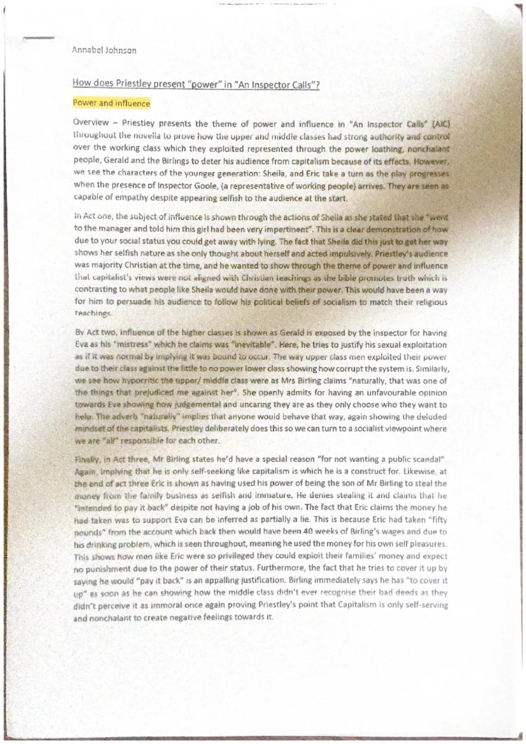 Annabel Johnson
How does Priestley present "power" in "An Inspector Calls"?
Power and influence
Overview - Priestley presents the theme of p