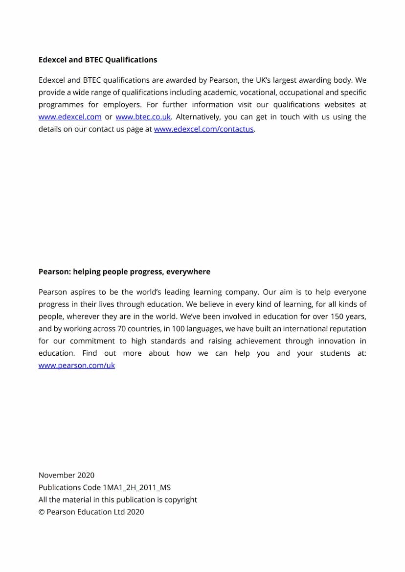 P Pearson
Edexcel
Mark Scheme (Results)
November 2020
Pearson Edexcel GCSE
In Mathematics (1 MA1)
Higher (Calculator) Paper 2H Edexcel and B