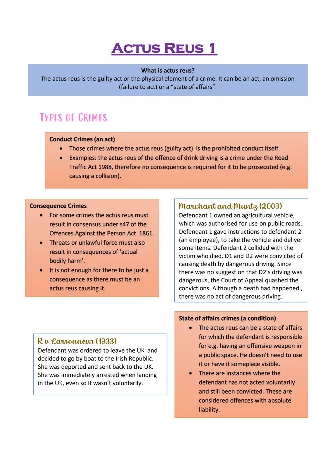 What is actus reus?
The actus reus is the guilty act or the physical element of a crime. It can be an act, an omission
(failure to act) or a