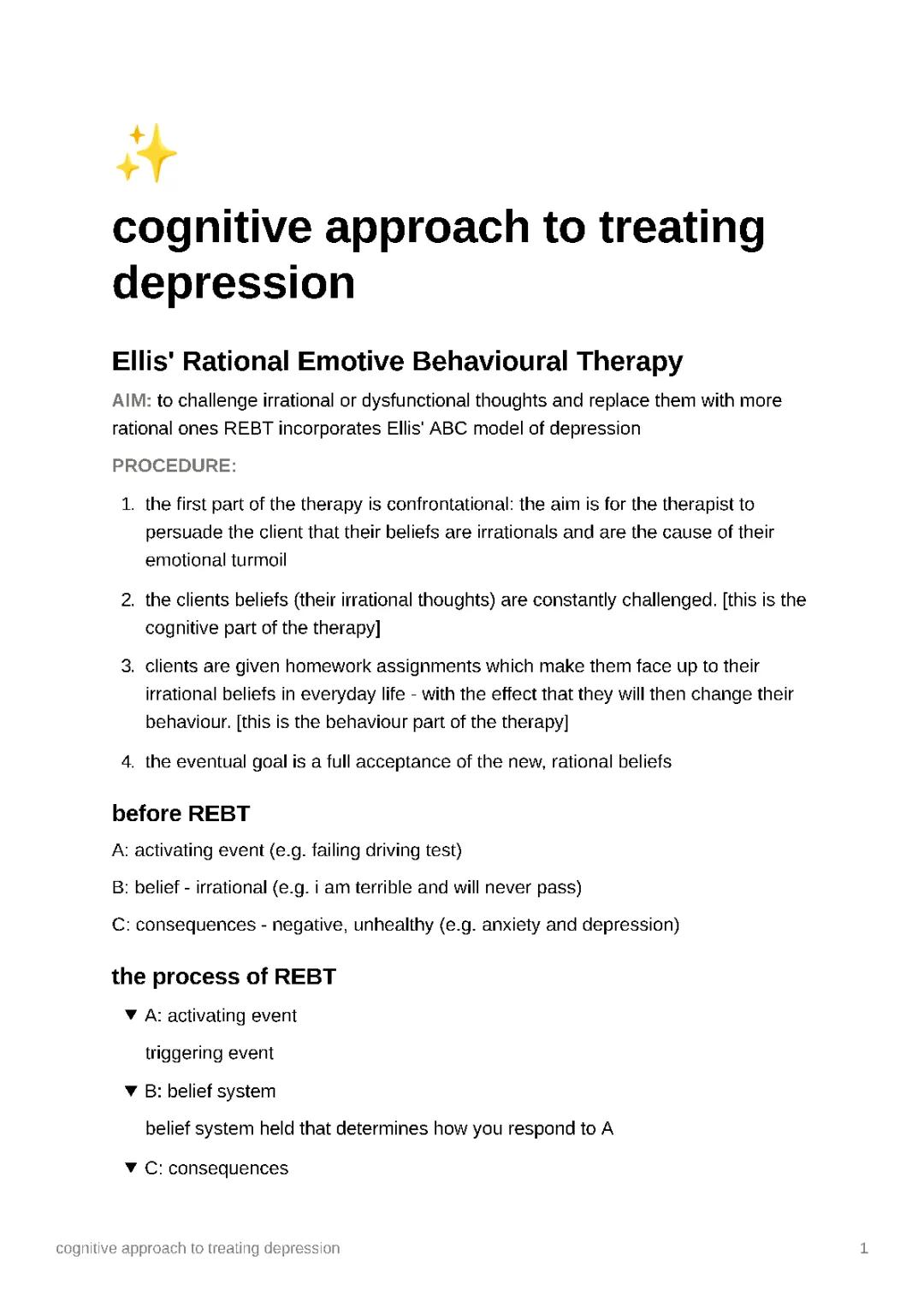 cognitive approach to treating depression - AO1