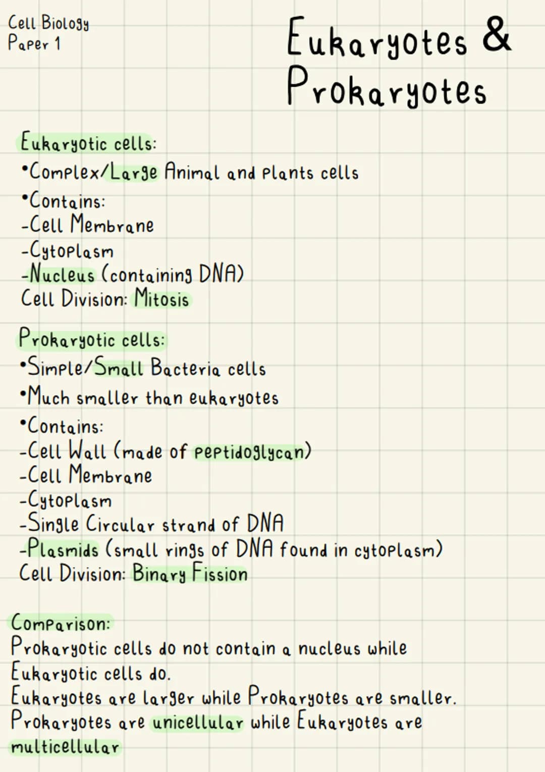 Cell Biology
Paper 1
Eukaryotic cells:
Complex/Large Animal and Plants cells
•Contains:
-Cell Membrane
Eukaryotes &
Prokaryotes
-Cytoplasm
-