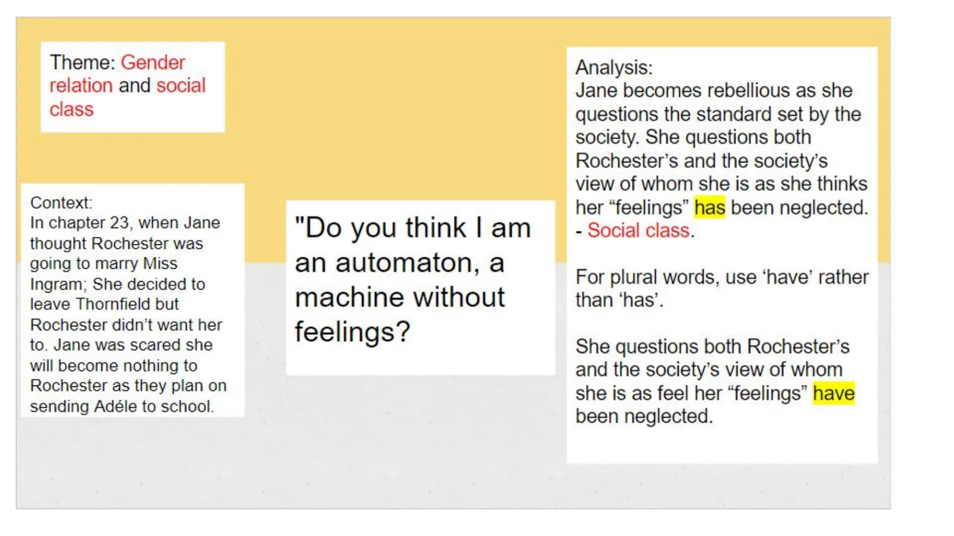 Jane Eyre
Quotations
English Lit - Modern Literature Themes in Jane Eyre
• Love
● Social class
• Religion
Gender relations
●
Home and belong
