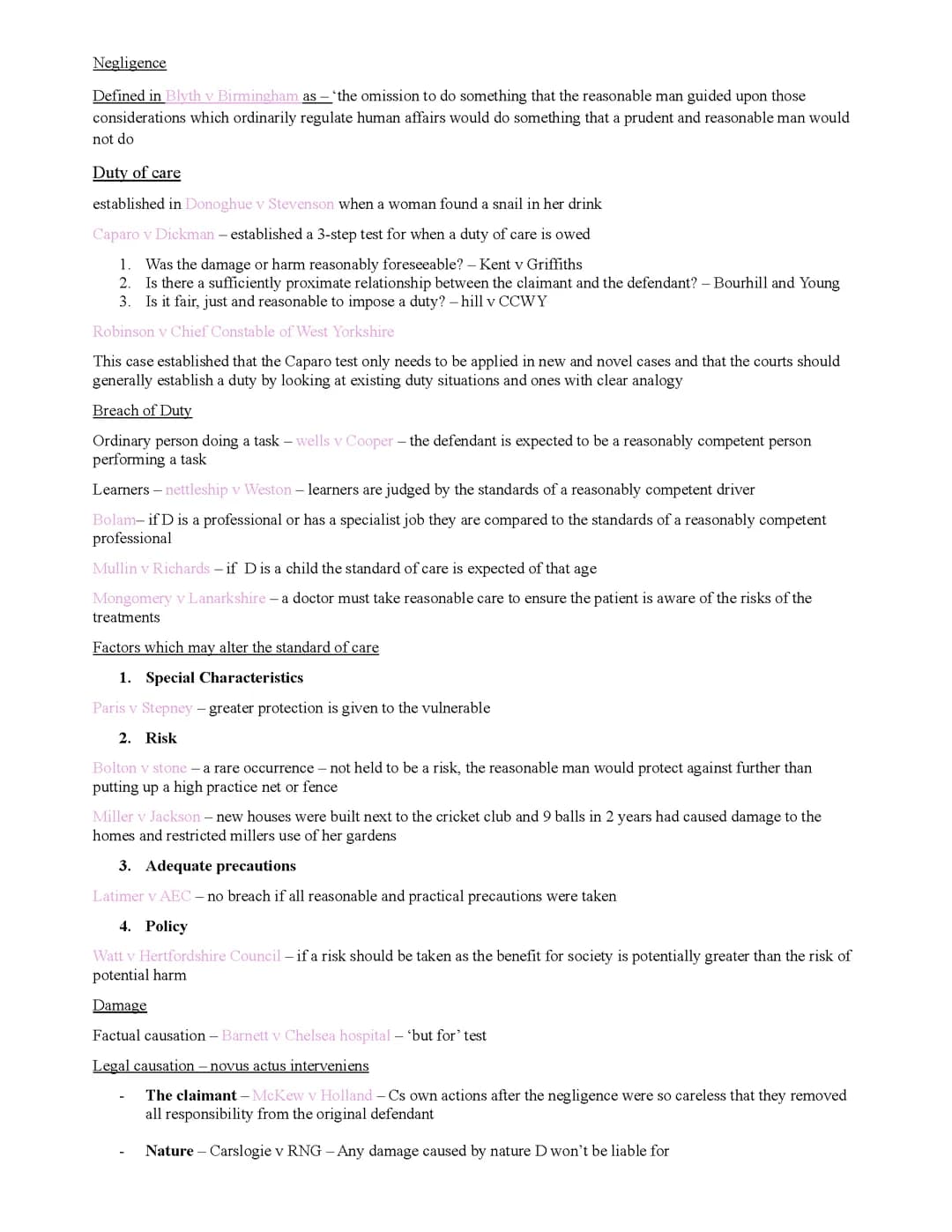 negligence and OLA summary notes