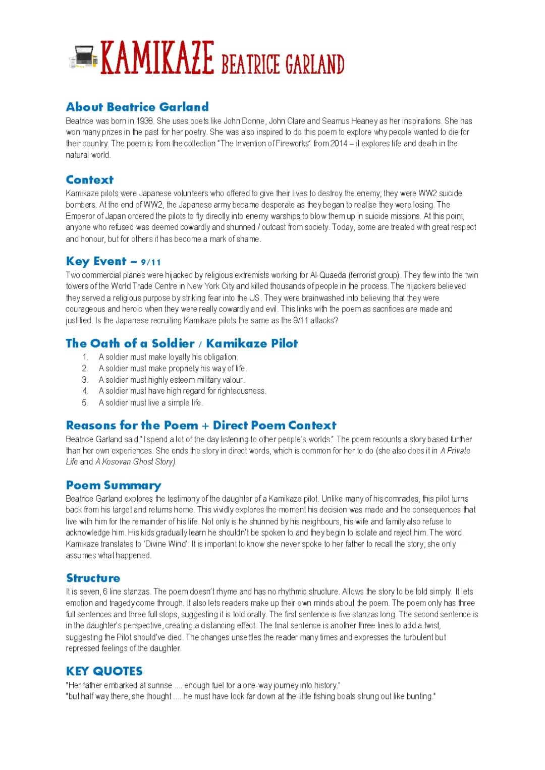 Kamikaze Context and Summary - Power and Conflict Poetry