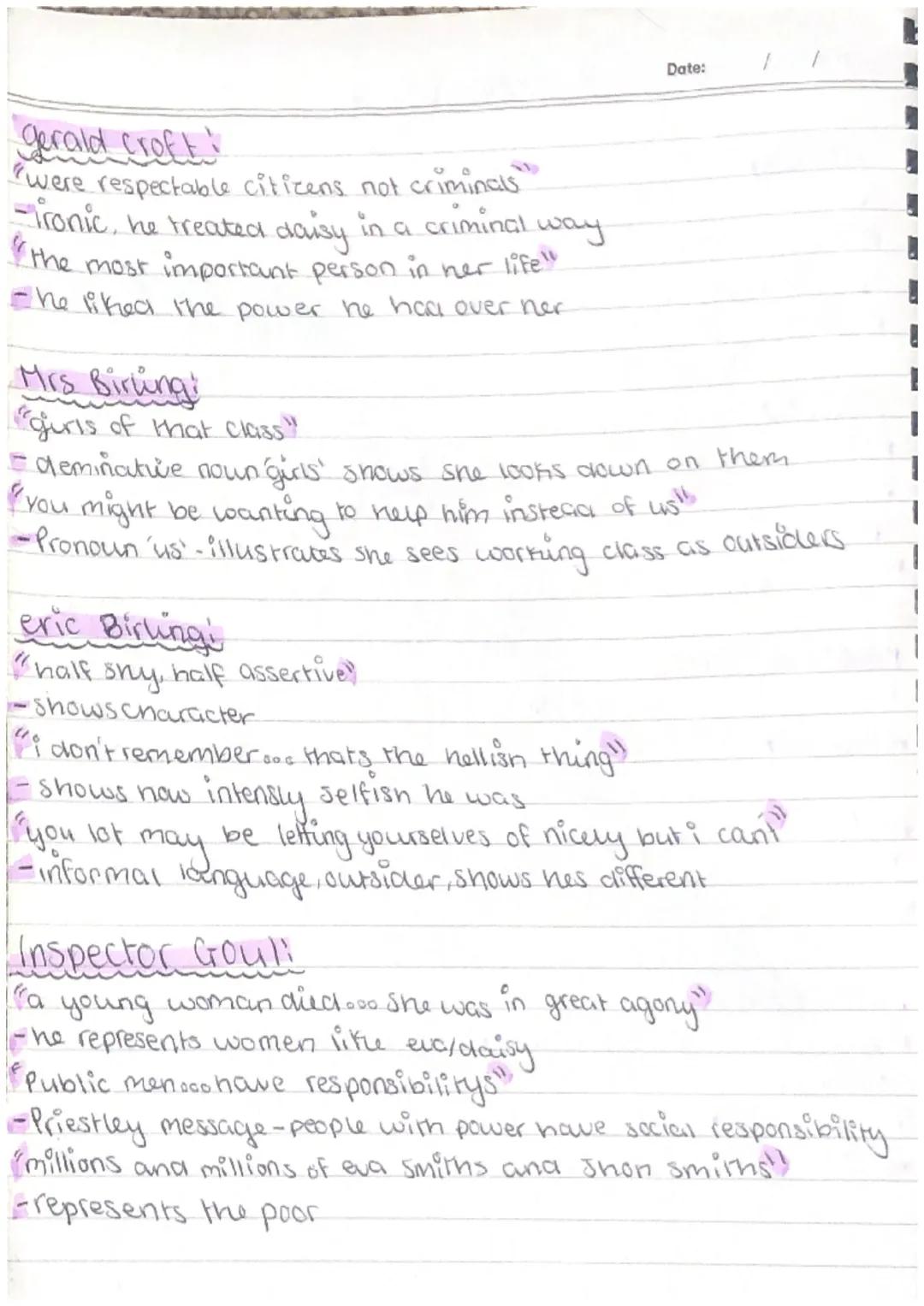 english Paper 2-inspector calls

Themes
#class
*age
* Social responsibility
*gender

Contexti
Date:
* Priestly was a sociallist, wrote play 
