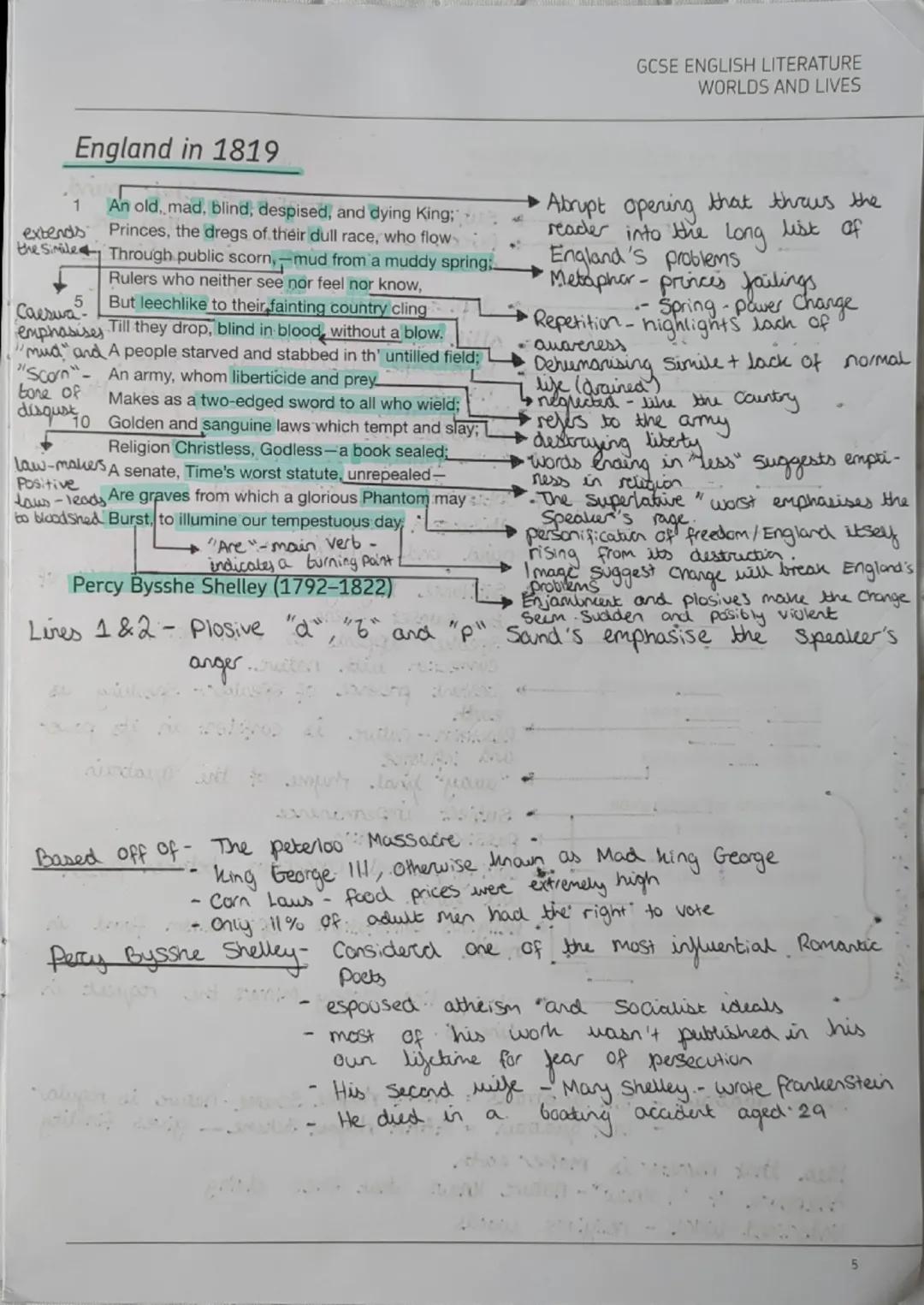 AQA World's and Lives "England in 1819" poem