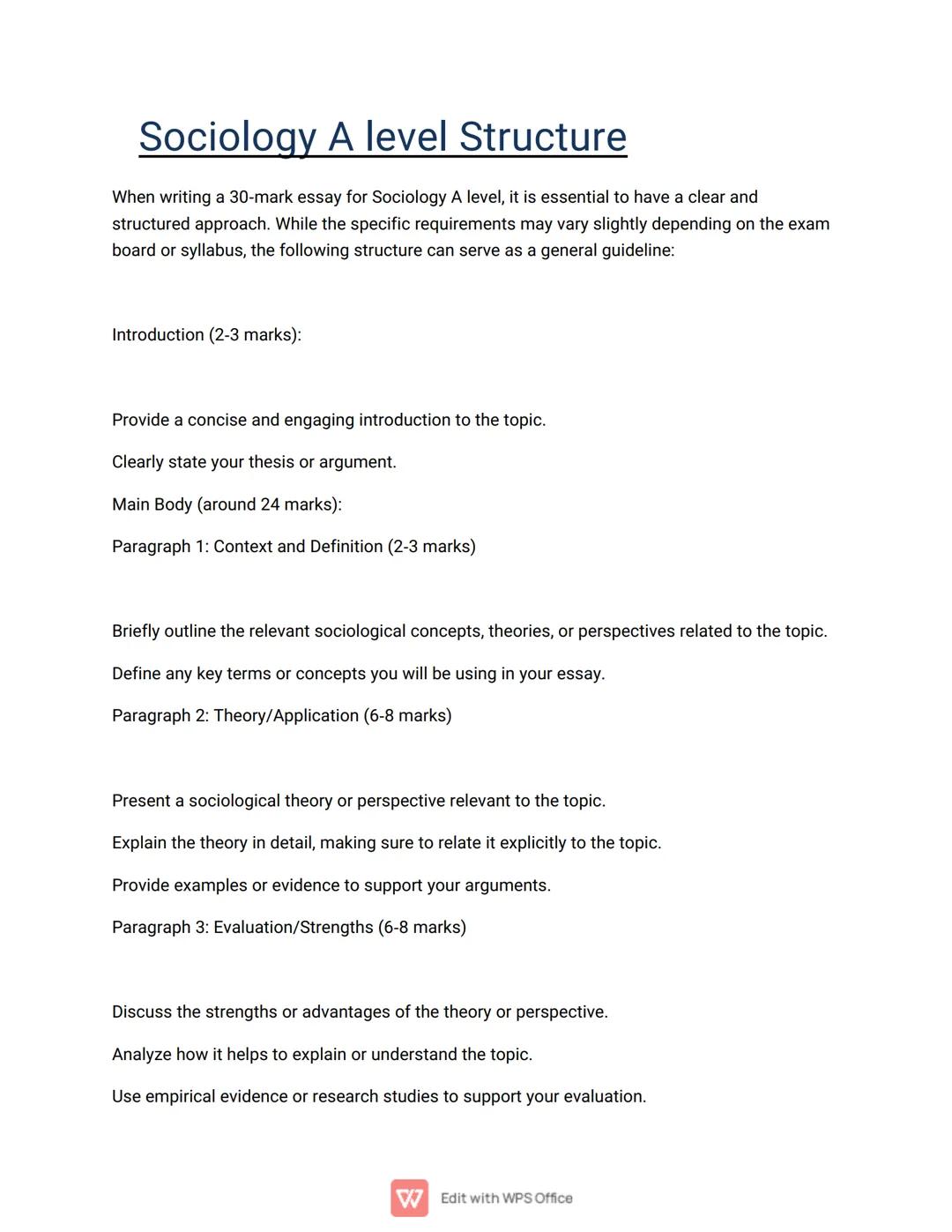 Sociology A level Structure
When writing a 30-mark essay for Sociology A level, it is essential to have a clear and
structured approach. Whi