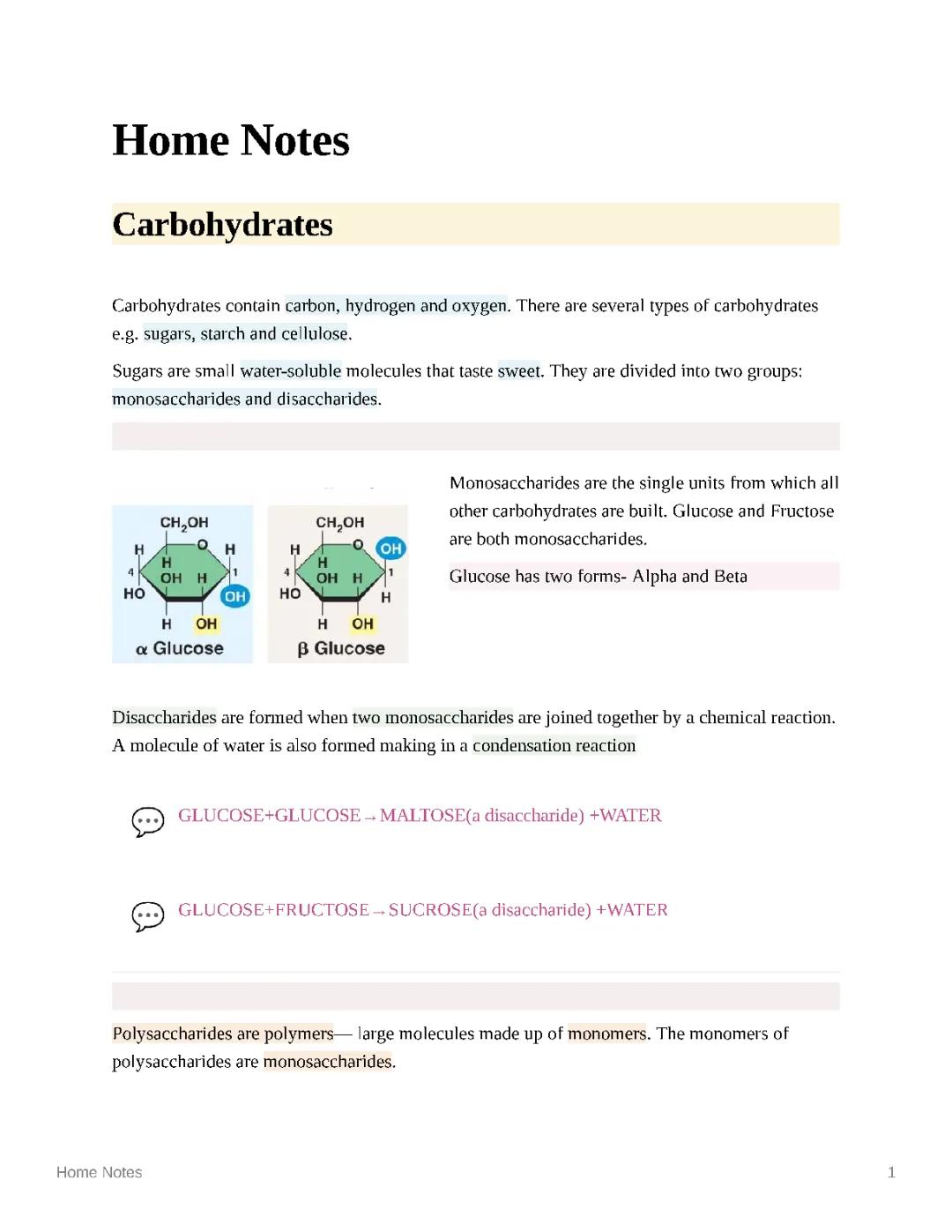 AQA A Level Biology Carbohydrates Notes