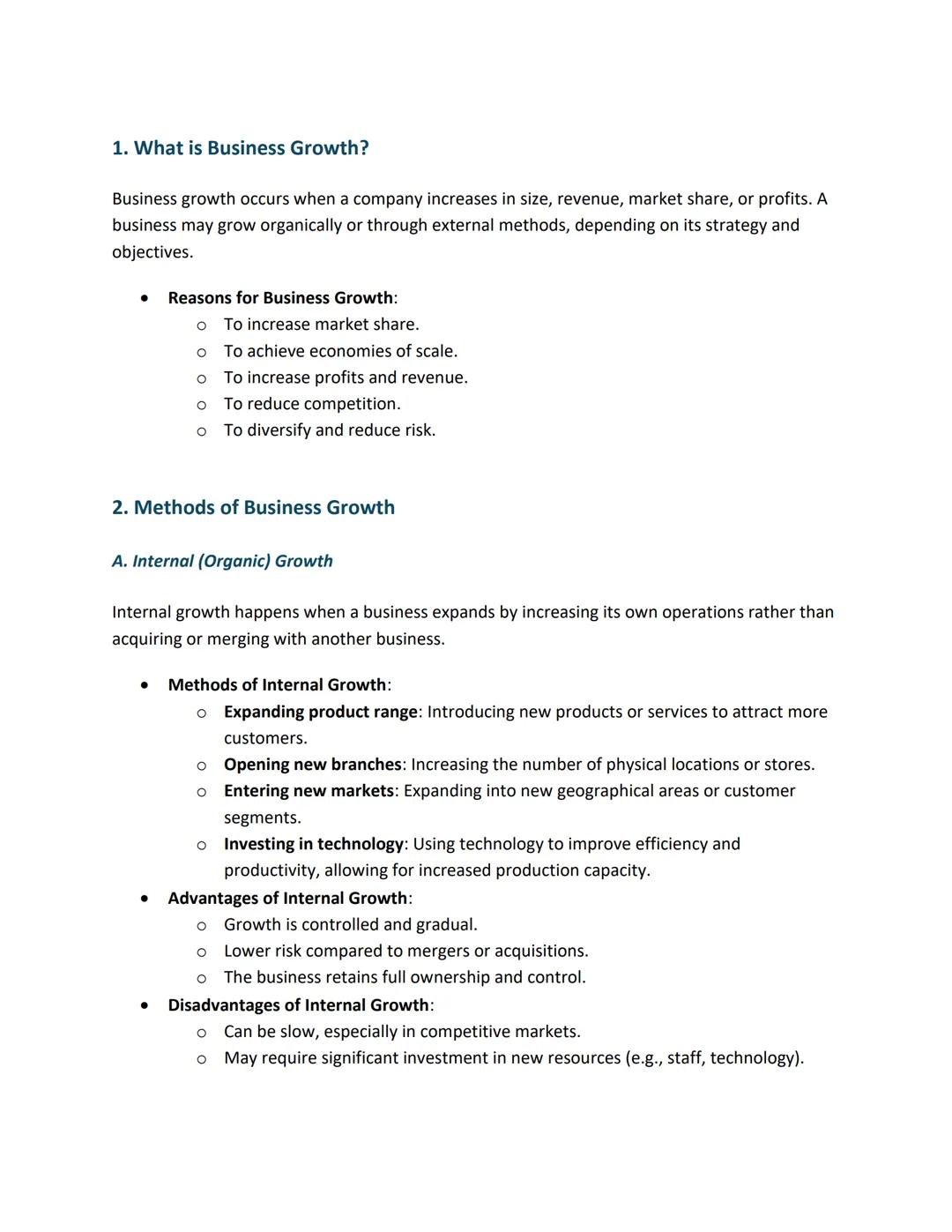 1. What is Business Growth?
Business growth occurs when a company increases in size, revenue, market share, or profits. A
business may grow 