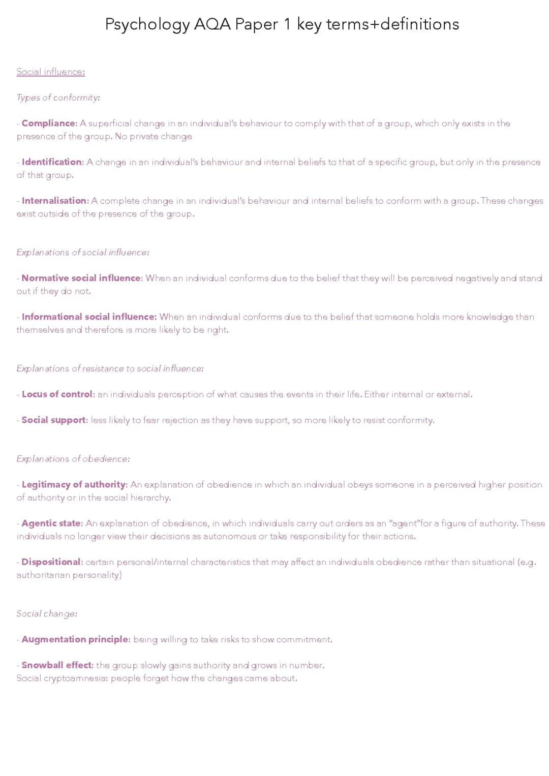Psychology AQA key terms and definitions paper 1