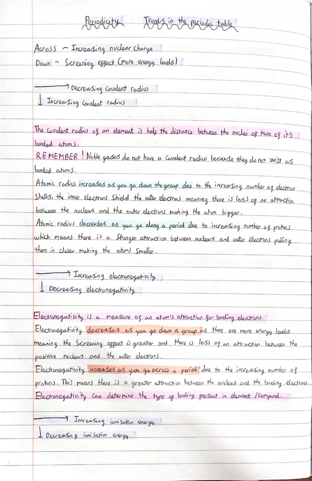 Higher Chemistry- periodicity (trends in the periodic table) revision notes