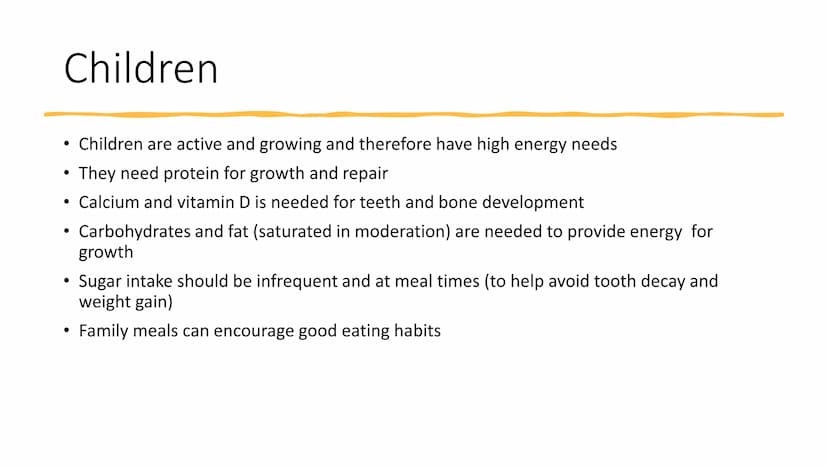 Nutrition for
Different Ages Toddlers
• There is NO Eatwell Guide for children under 2
years of age
●
Toddlers need small and frequent meals