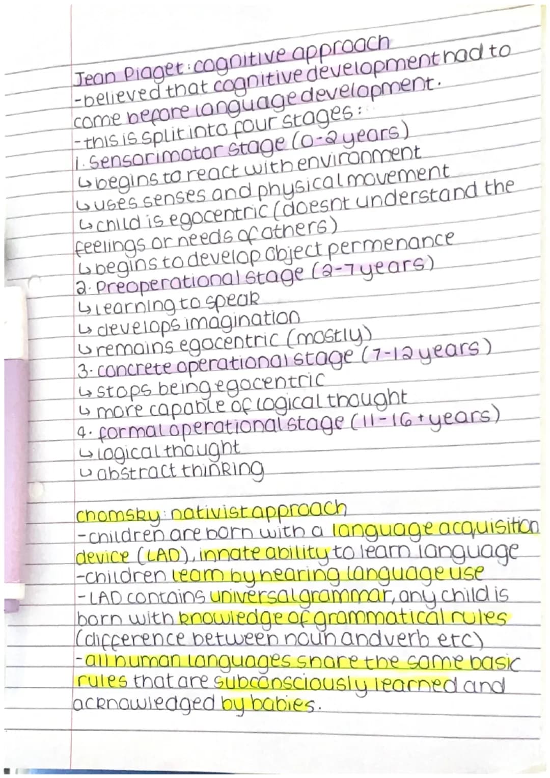 Jean Piaget cognitive approach.
-believed that cognitive development had to
come before language development.
- this is split into four stag