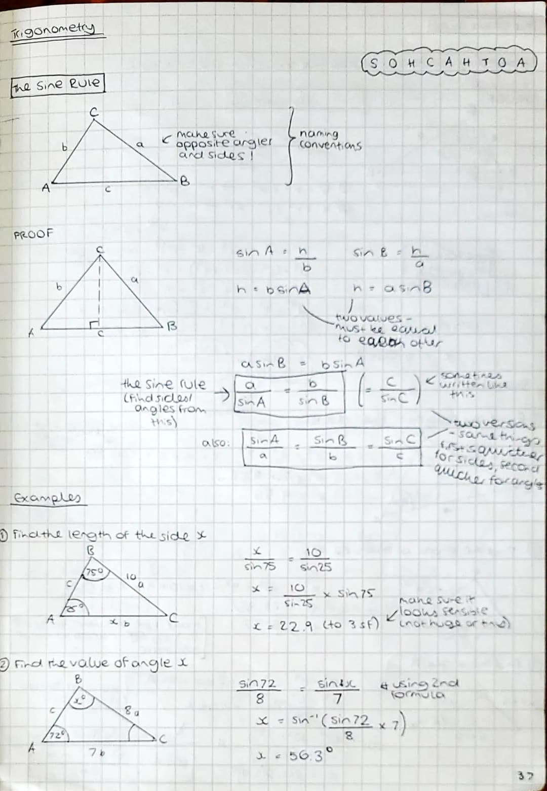 Trigonometry
The Sine Rule
A
PROOF
b
b
Examples
A
C
с
d
1720
P
a
76
1 find the length of the side x
C
750
10
C
the sine rule
(find sides!
an