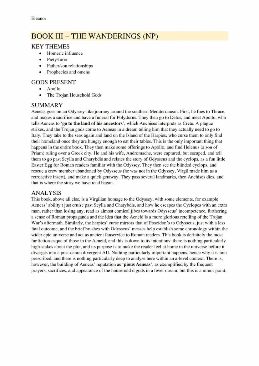Eleanor
AENEID STUDY GUIDE
BOOK I-STORM AND BANQUET
KEY THEMES
● Homeric influence
Women
Prophecies and omens
Heroism
The might of Rome
Fate