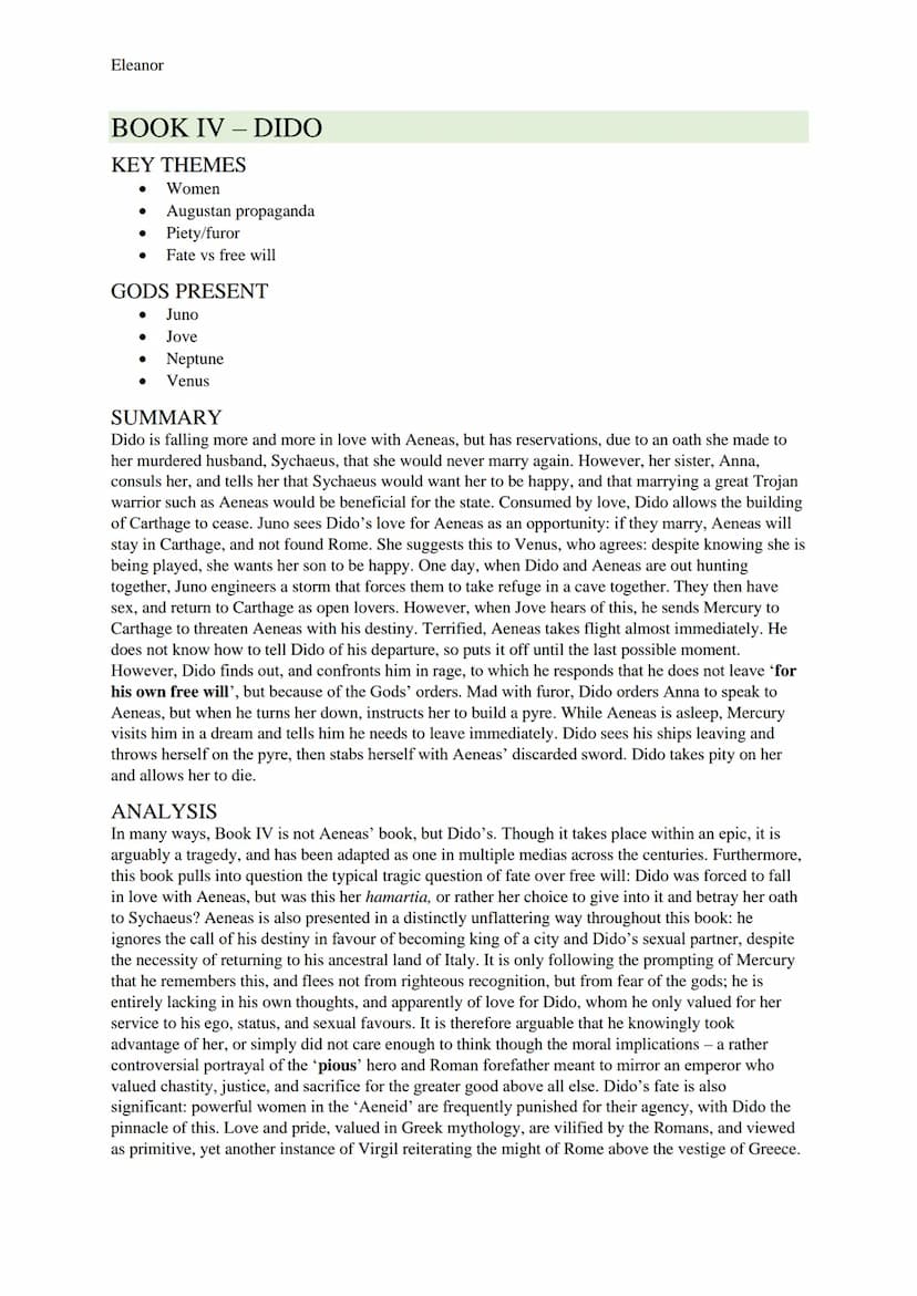 Eleanor
AENEID STUDY GUIDE
BOOK I-STORM AND BANQUET
KEY THEMES
● Homeric influence
Women
Prophecies and omens
Heroism
The might of Rome
Fate