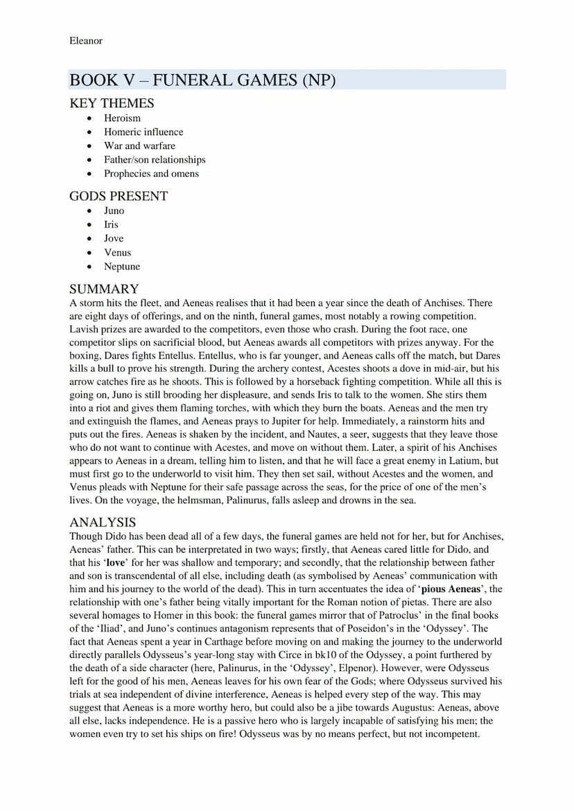 Eleanor
AENEID STUDY GUIDE
BOOK I-STORM AND BANQUET
KEY THEMES
● Homeric influence
Women
Prophecies and omens
Heroism
The might of Rome
Fate