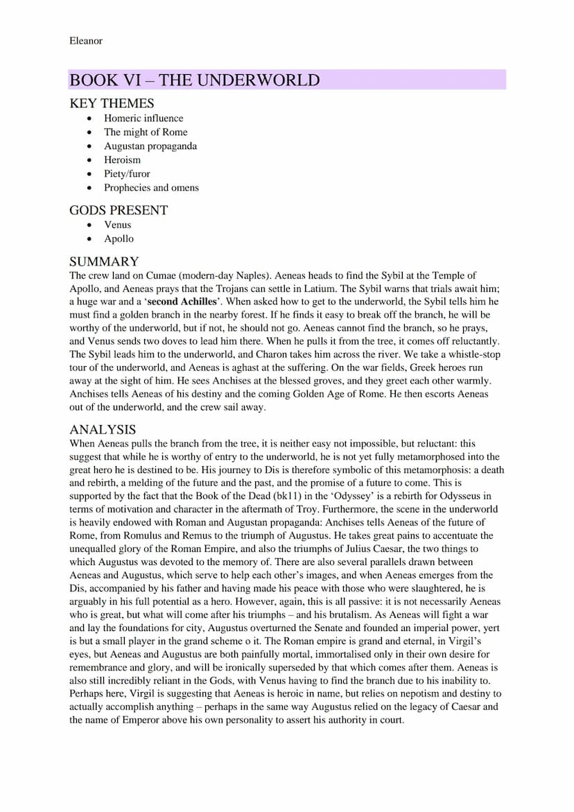 Eleanor
AENEID STUDY GUIDE
BOOK I-STORM AND BANQUET
KEY THEMES
● Homeric influence
Women
Prophecies and omens
Heroism
The might of Rome
Fate