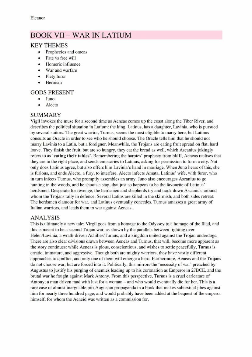 Eleanor
AENEID STUDY GUIDE
BOOK I-STORM AND BANQUET
KEY THEMES
● Homeric influence
Women
Prophecies and omens
Heroism
The might of Rome
Fate