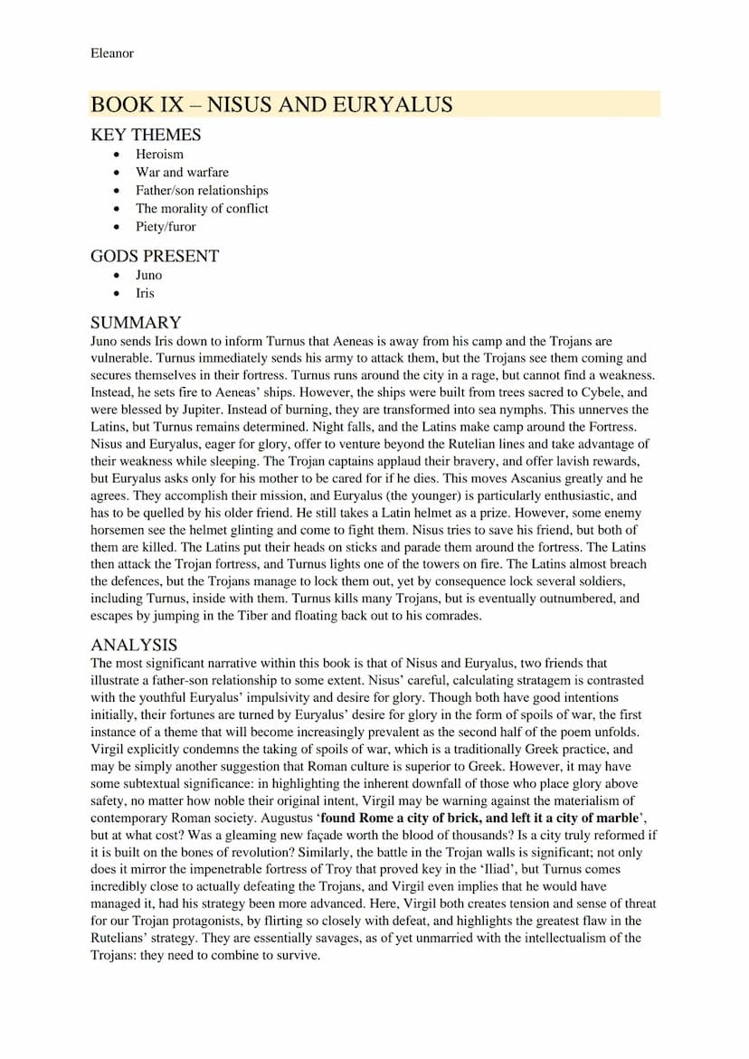 Eleanor
AENEID STUDY GUIDE
BOOK I-STORM AND BANQUET
KEY THEMES
● Homeric influence
Women
Prophecies and omens
Heroism
The might of Rome
Fate