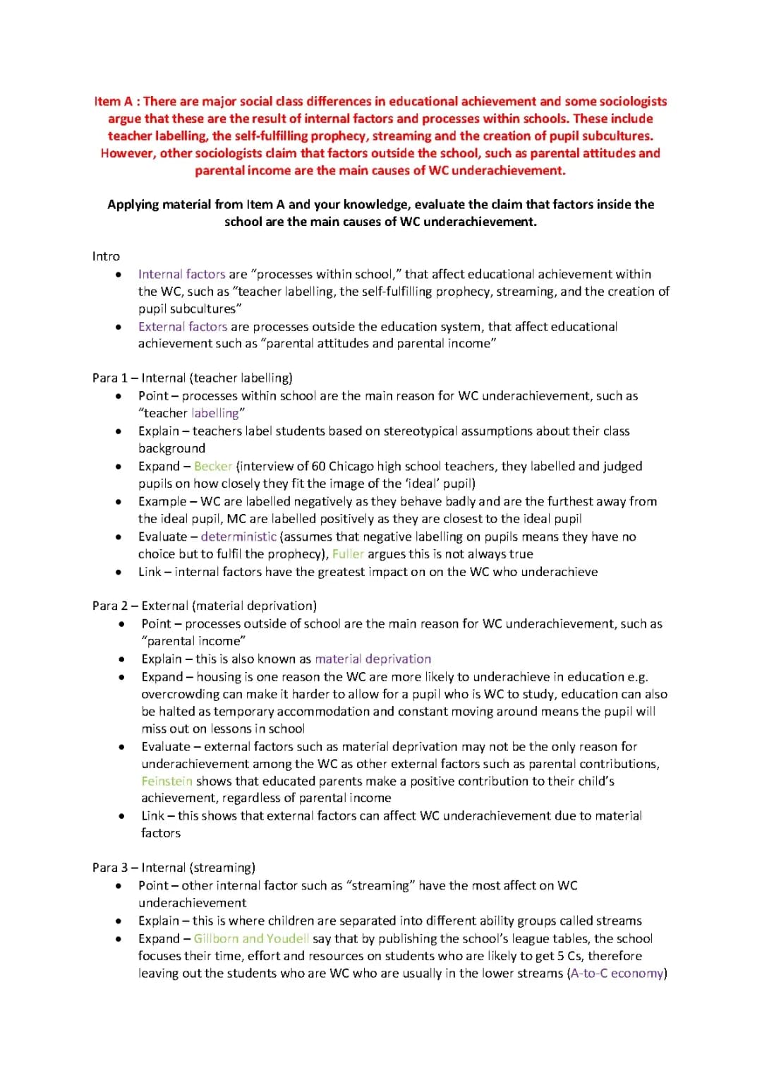 Five Reasons for Working Class Underachievement in Education - 30 Mark Essay Plan