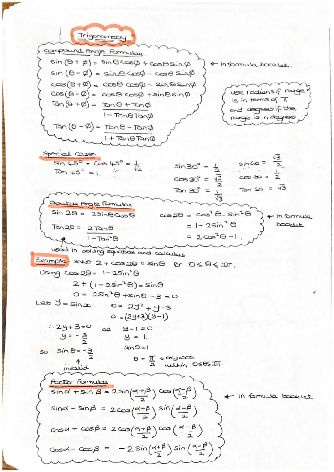 Basic Trig.
Special CasaD
√2
45°
Trig Graphs
A
1
y=sinz
g. Soke
180 360
b
sin x ==
as &
1
line =
P
and ISO
Frig Identities
ن ال ل او ر
Sон с