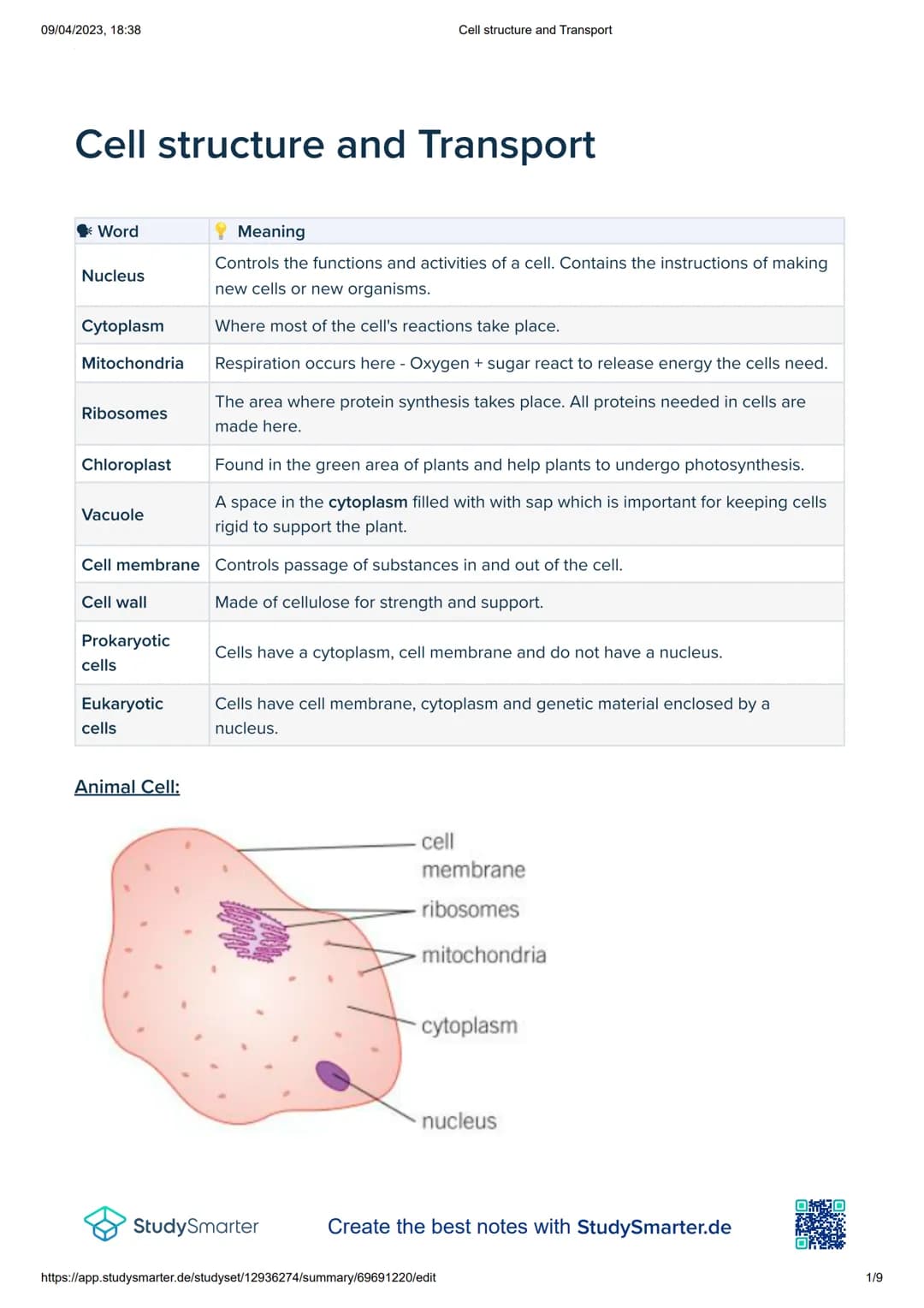 09/04/2023, 18:38
Cell structure and Transport
Word
Meaning
Controls the functions and activities of a cell. Contains the instructions of ma