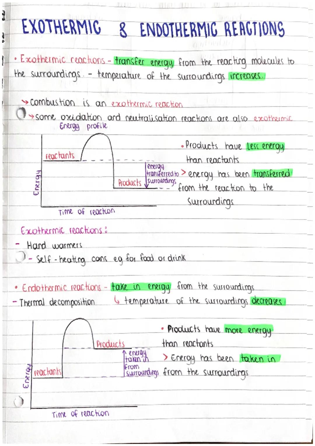i
1
# EXOTHERMIC & ENDOTHERMIC REACTIONS

*   Exothermic reactions - transfer energy from the reacting molecules to
the surroundings. - temp