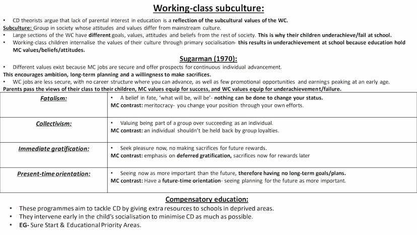 External class differences in
achievement ●
●
1. Cultural deprivation:
Where a pupil lacks the basic 'cultural equipment' gained through pri