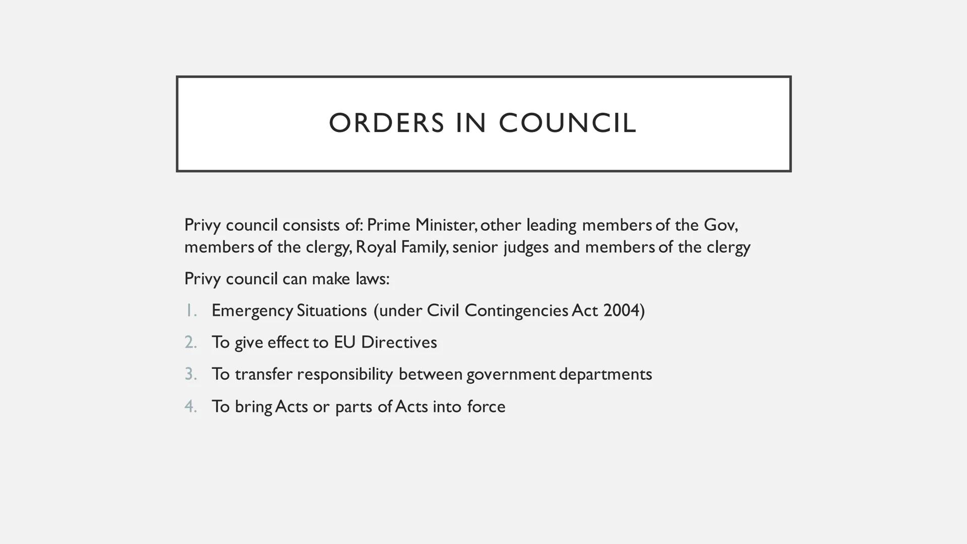 DELEGATED LEGISLATION # TYPES OF DELEGATED LEGISLATION

*   Bylaws: laws that are made by local councils. This includes parking restrictions