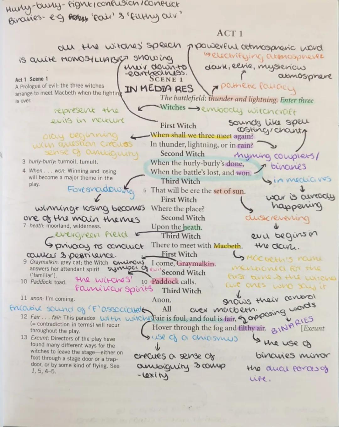 Hurly-buny-fight, confusion/conflict
Binaries- ego 'fair's 'filthy air'
all the witches' speech
is quite MONOSYLLABIC showing
Act 1 Scene 1

