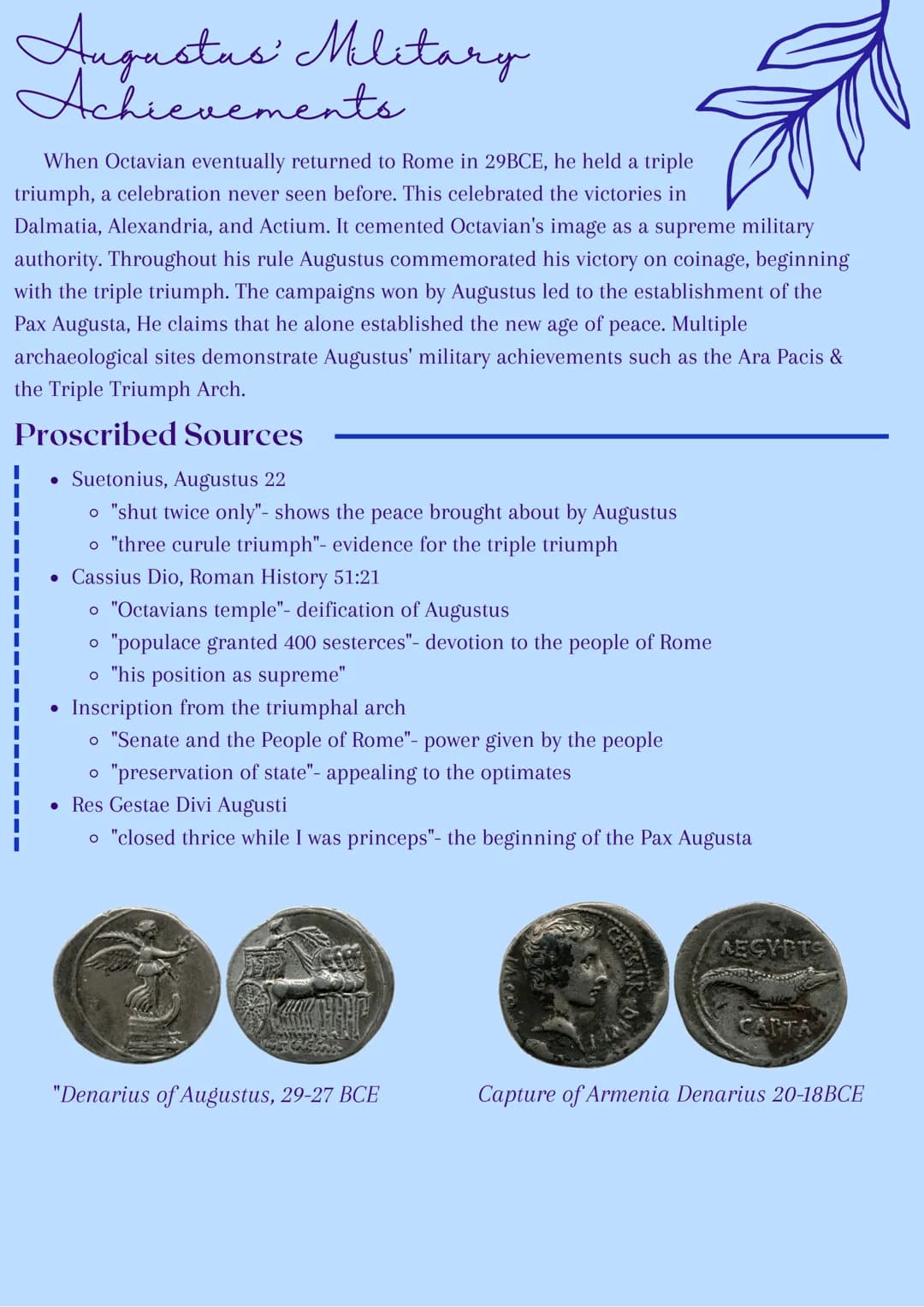Augustus Presentation of the victory
at Actium
The Battle of Actium took place in 31 BCE, and ended the rivalry between
Octavian and Mark An
