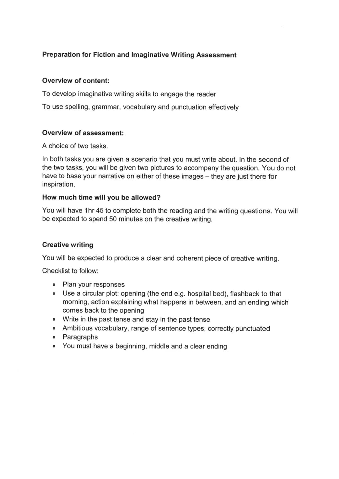 GCSE LANGUAGE - FICTION
AND IMAGINATIVE WRITING
PAPER 1: SECTION B
REVISION BOOKLET Preparation for Fiction and Imaginative Writing Assessme