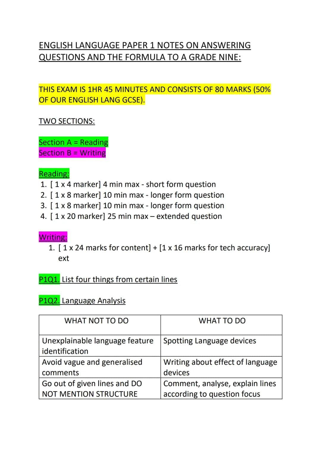 ENGLISH LANGUAGE PAPER 1 NOTES ON ANSWERING
QUESTIONS AND THE FORMULA TO A GRADE NINE:
THIS EXAM IS 1HR 45 MINUTES AND CONSISTS OF 80 MARKS 